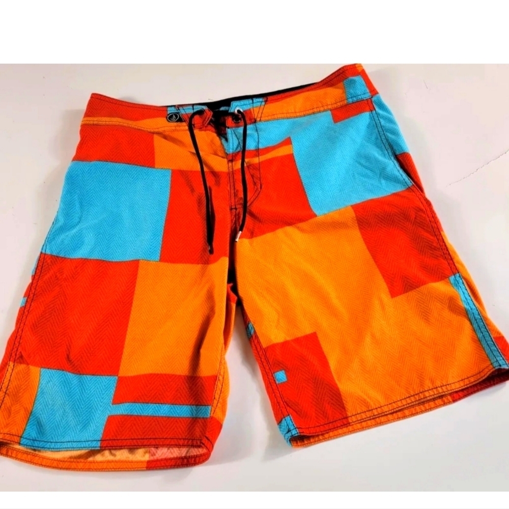 Volcom Cinch Fly Colorful Orange & Blue Board Shorts Pocket 34 inseam 10 inch
